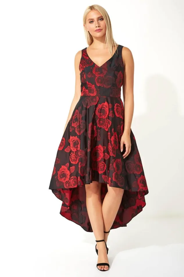 Women Red Rose Print Dipped Hem Dress Roman Dresses