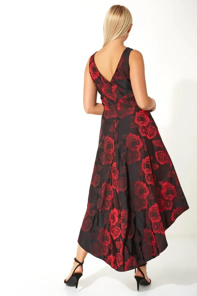 Women Red Rose Print Dipped Hem Dress Roman Dresses