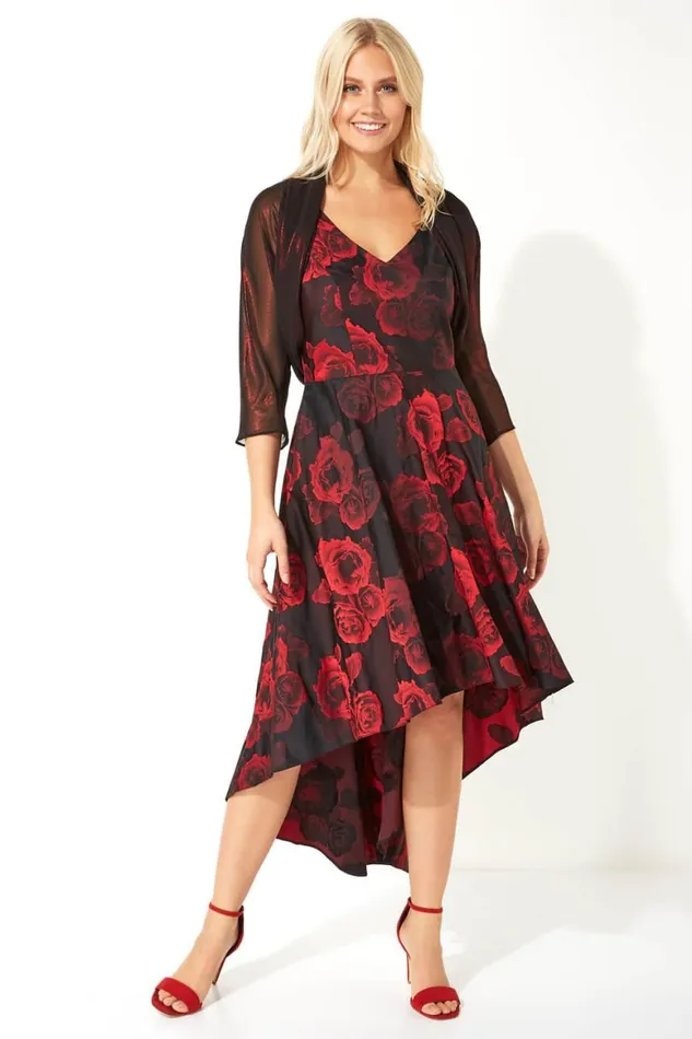 Women Red Rose Print Dipped Hem Dress Roman Dresses