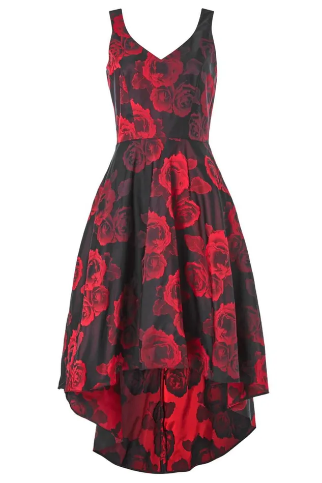 Women Red Rose Print Dipped Hem Dress Roman Dresses