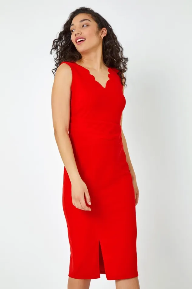 Women Red Scallop Detail Midi Stretch Dress Roman Dresses