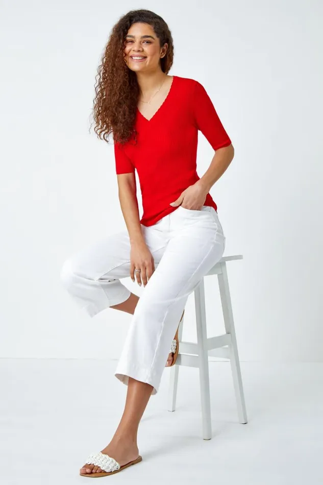 Women Red Scallop Edge Ribbed Stretch Knit Top Roman Tops