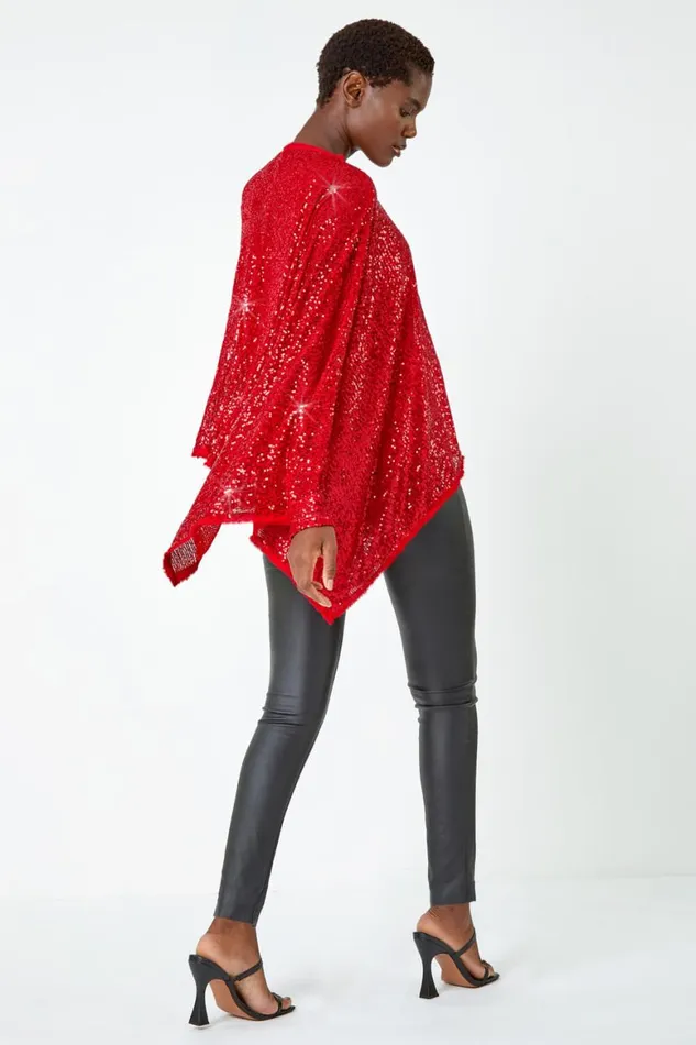 Women Red Sequin Cape Overlay Stretch Top Roman Tops