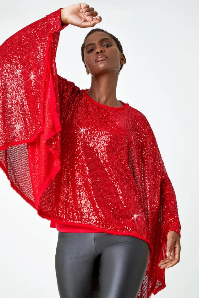Women Red Sequin Cape Overlay Stretch Top Roman Tops