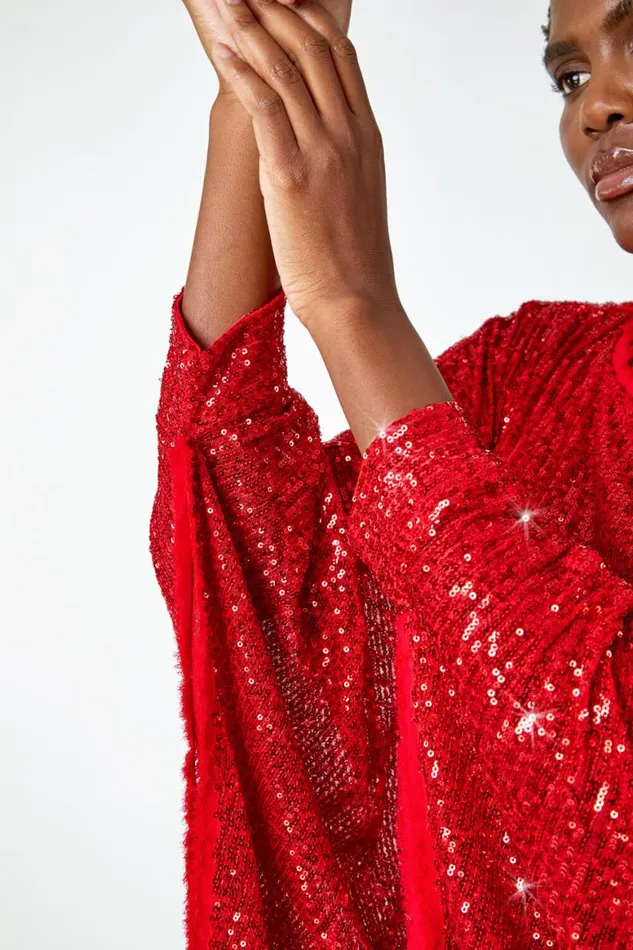 Women Red Sequin Cape Overlay Stretch Top Roman Tops