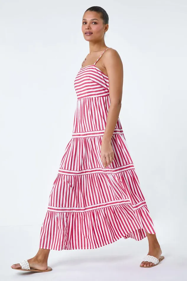 Women Red Sleeveless Stripe Tiered Cotton Maxi Dress Roman Dresses