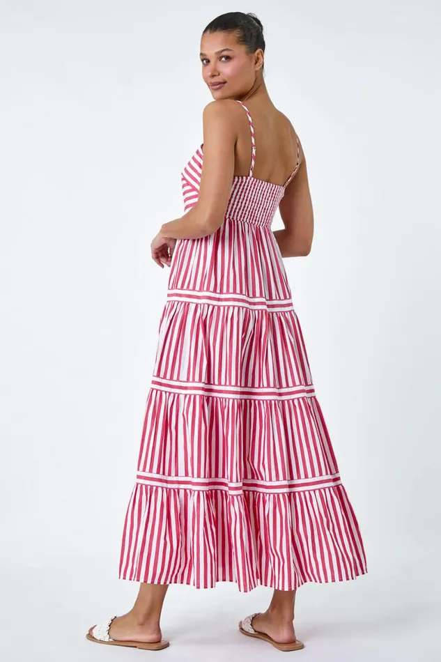 Women Red Sleeveless Stripe Tiered Cotton Maxi Dress Roman Dresses