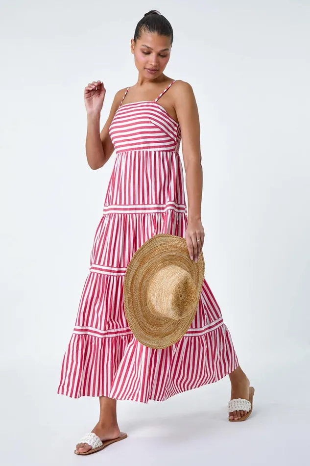 Women Red Sleeveless Stripe Tiered Cotton Maxi Dress Roman Dresses