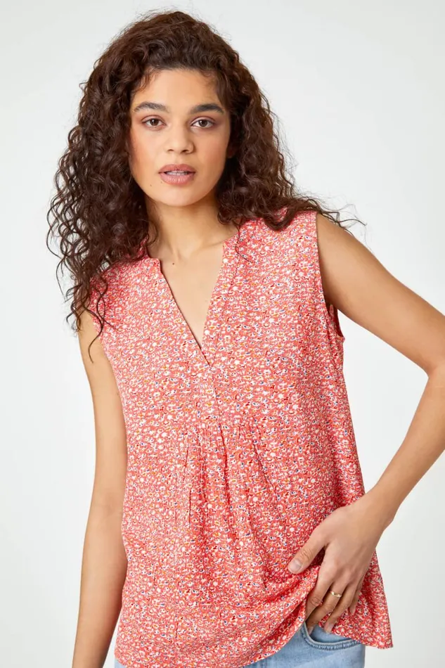 Women Red Sleeveless VNeck Ditsy Floral Print Top Roman Tops