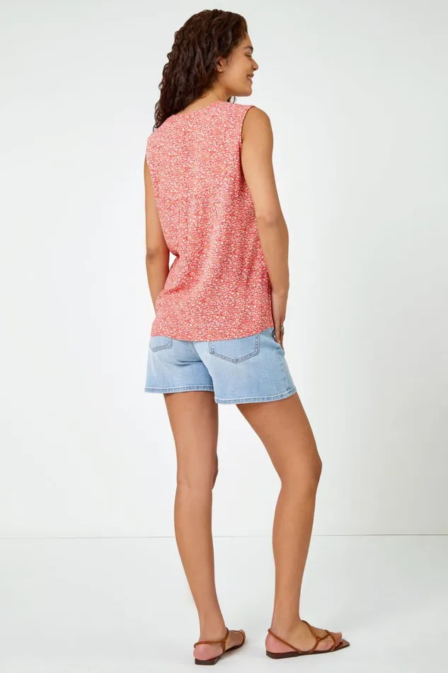 Women Red Sleeveless VNeck Ditsy Floral Print Top Roman Tops