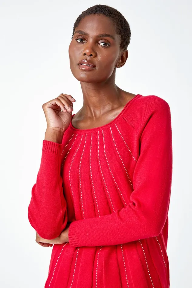 Women Red Sparkle Detail Stretch Knit Jumper Roman Knitwear