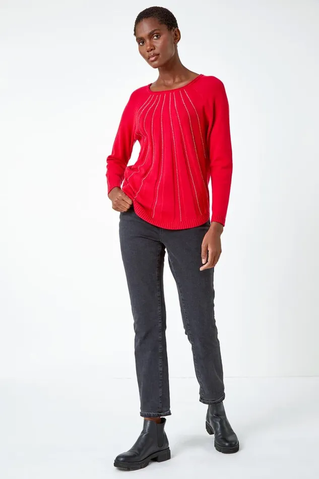 Women Red Sparkle Detail Stretch Knit Jumper Roman Knitwear