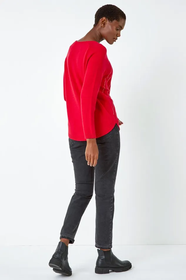 Women Red Sparkle Detail Stretch Knit Jumper Roman Knitwear