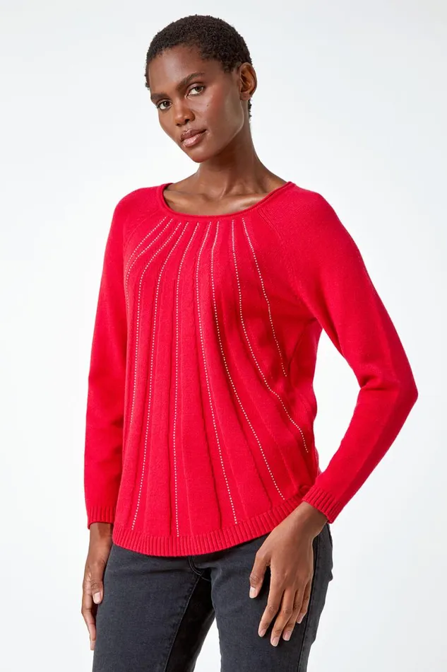 Women Red Sparkle Detail Stretch Knit Jumper Roman Knitwear