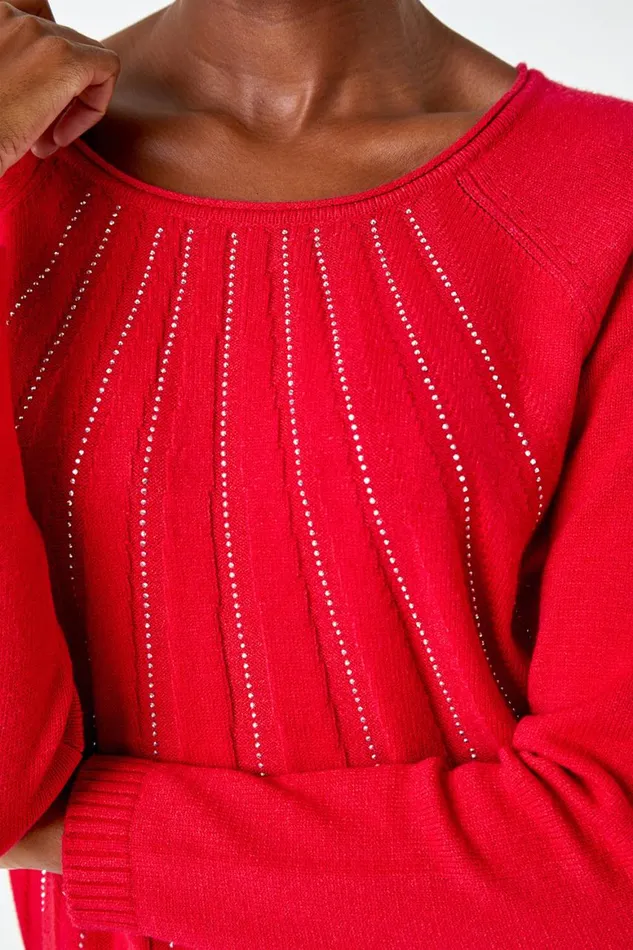 Women Red Sparkle Detail Stretch Knit Jumper Roman Knitwear