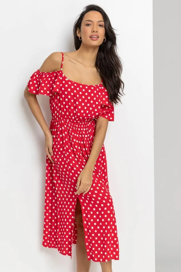 Women Red Spot Print Cold Shoulder Midi Dress Roman Dresses
