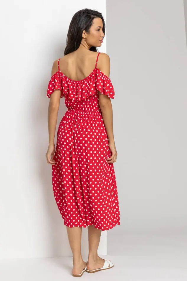 Women Red Spot Print Cold Shoulder Midi Dress Roman Dresses