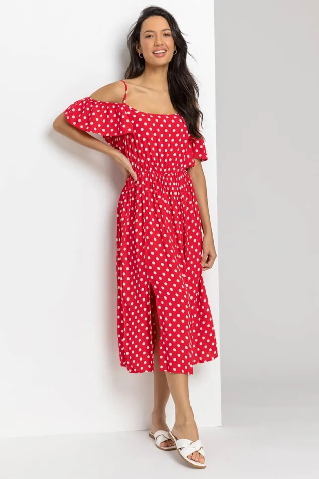 Women Red Spot Print Cold Shoulder Midi Dress Roman Dresses