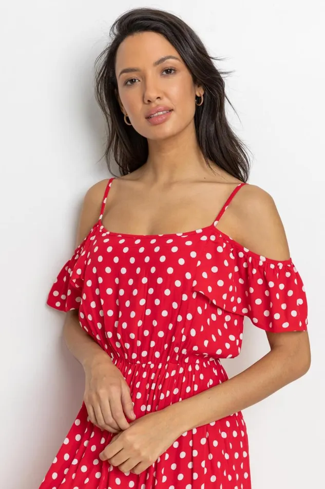Women Red Spot Print Cold Shoulder Midi Dress Roman Dresses