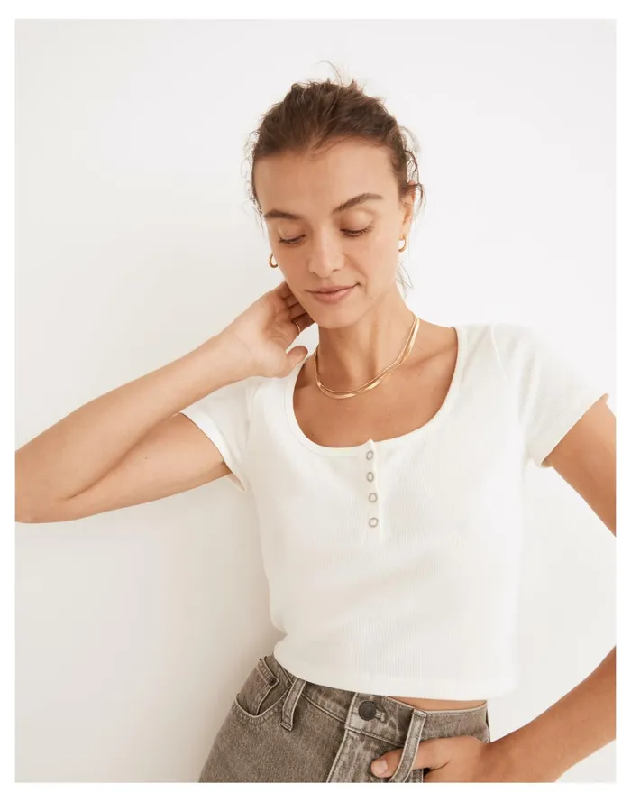 Women Ribbed Henley High Crop Tee Lighthouse Madewell Tees
