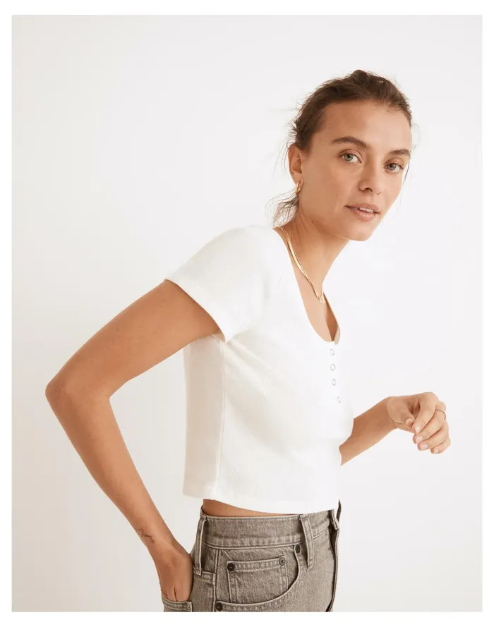 Women Ribbed Henley High Crop Tee Lighthouse Madewell Tees Women Ribbed Henley High Crop Tee Lighthouse Madewell Tees