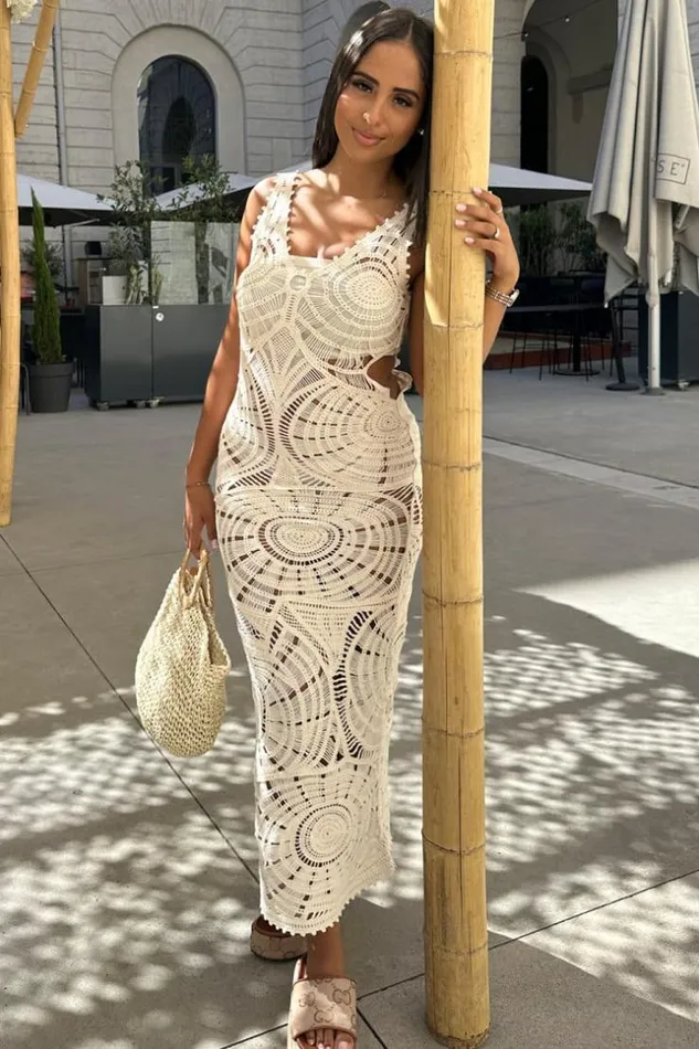 Women Robe Beige Ajoure En Crochet Beige Brentiny Paris Short Dresses