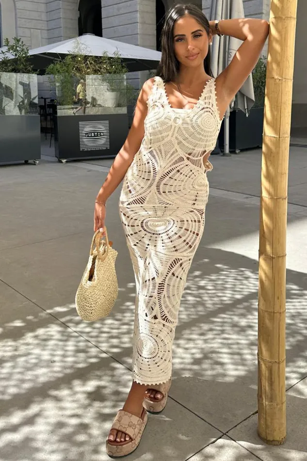 Women Robe Beige Ajoure En Crochet Beige Brentiny Paris Short Dresses