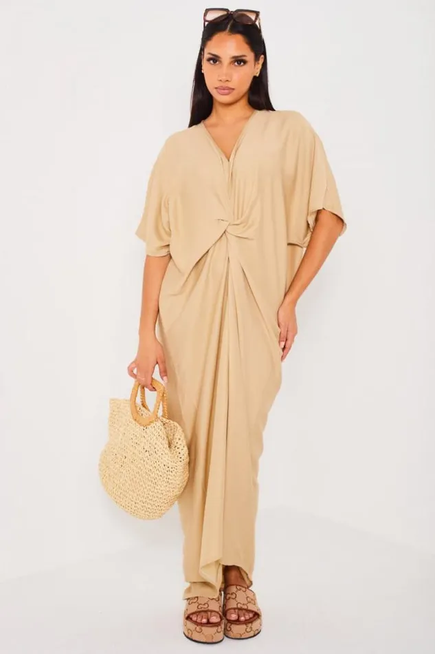 Women Robe Beige Noeud Manche Courte Longue Beige Brentiny Paris Short Dresses