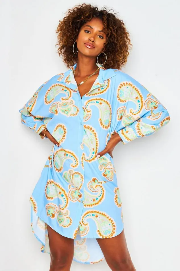 Women Robe Chemise Bleue Imprim Paisley Cachemire Blue Brentiny Paris Shirts and Blouses