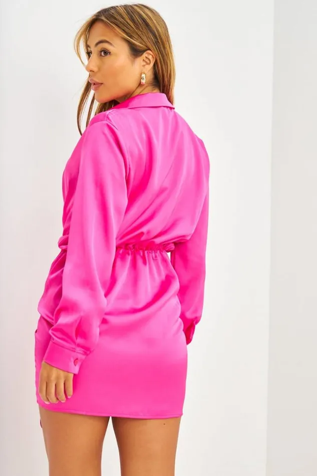 Women Robe Courte Bleue Satine Et Fronce Pink Brentiny Paris Satin Dresses