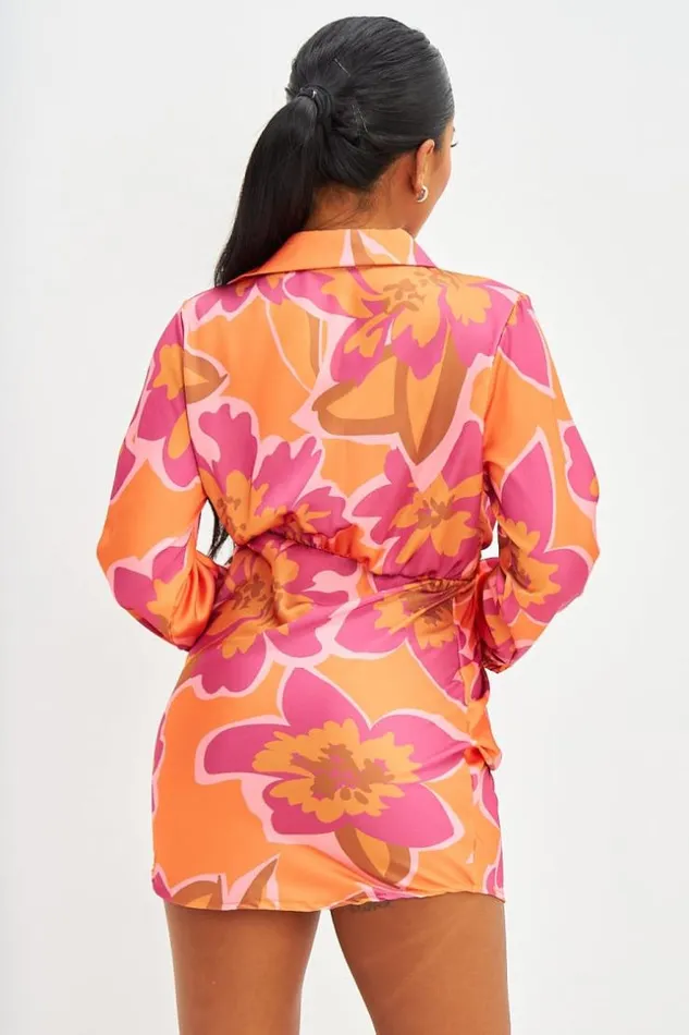Women Robe Courte Satine Grosses Fleurs Bleues Orange Brentiny Paris Satin Dresses Women Robe Courte Satine Grosses Fleurs Bleues Orange Brentiny Paris Satin Dresses