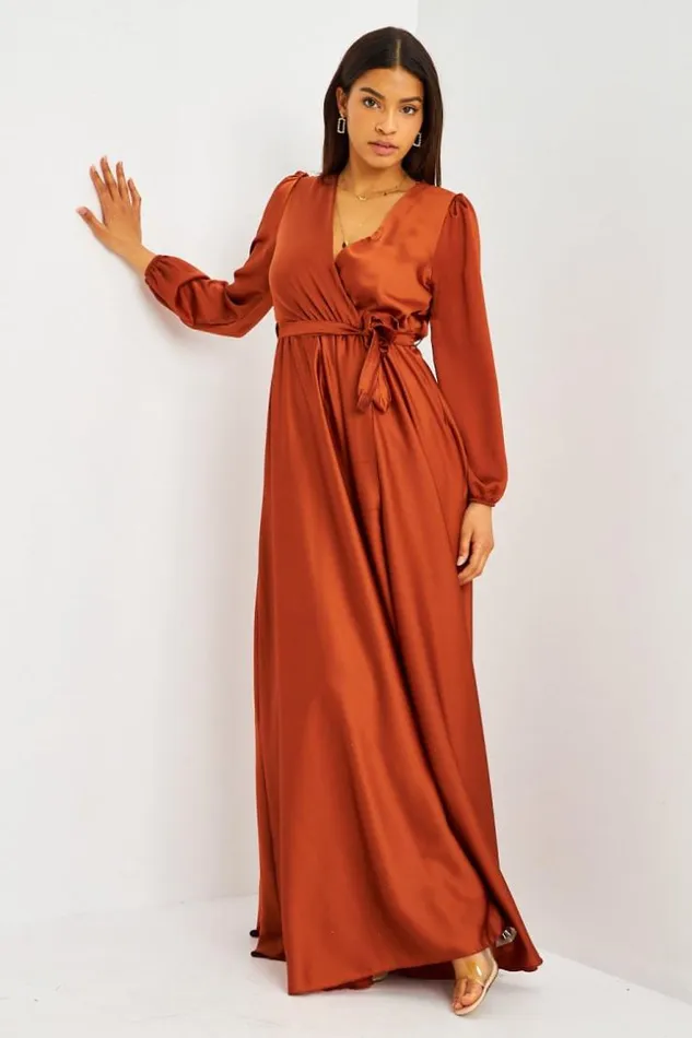 Women Robe Longue Cuivre Satine Ceinture Coppery Brentiny Paris Ceremonial Outfits