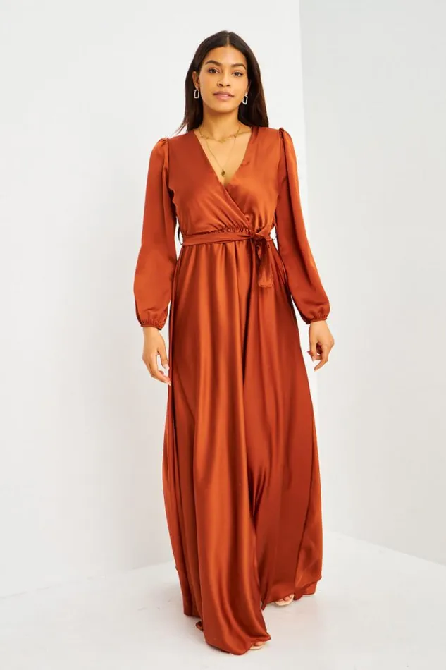 Women Robe Longue Cuivre Satine Ceinture Coppery Brentiny Paris Ceremonial Outfits