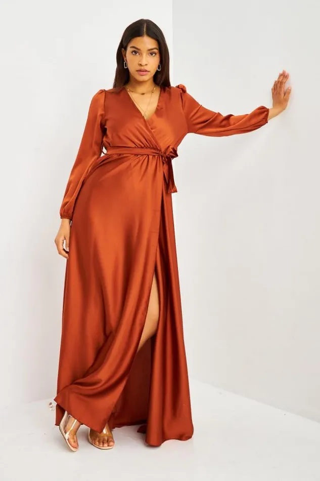 Women Robe Longue Cuivre Satine Ceinture Coppery Brentiny Paris Ceremonial Outfits