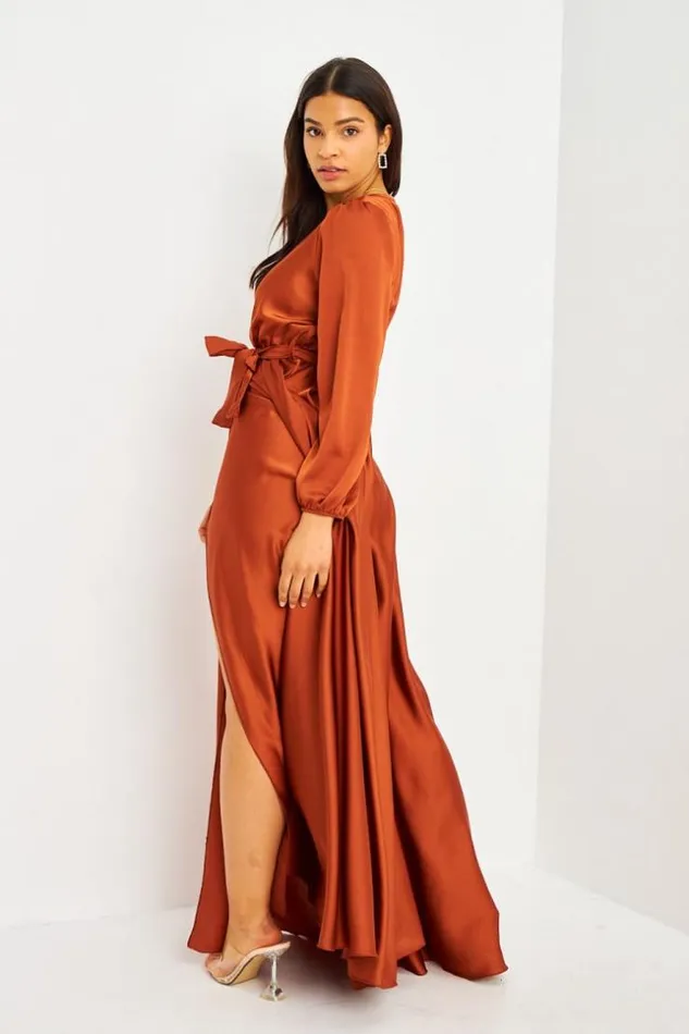 Women Robe Longue Cuivre Satine Ceinture Coppery Brentiny Paris Ceremonial Outfits