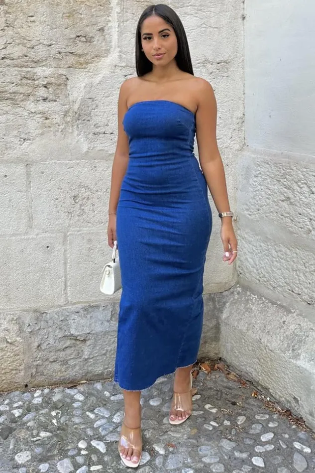 Women Robe Longue En Jeans Bleu Bustier Blue Brentiny Paris Short Dresses