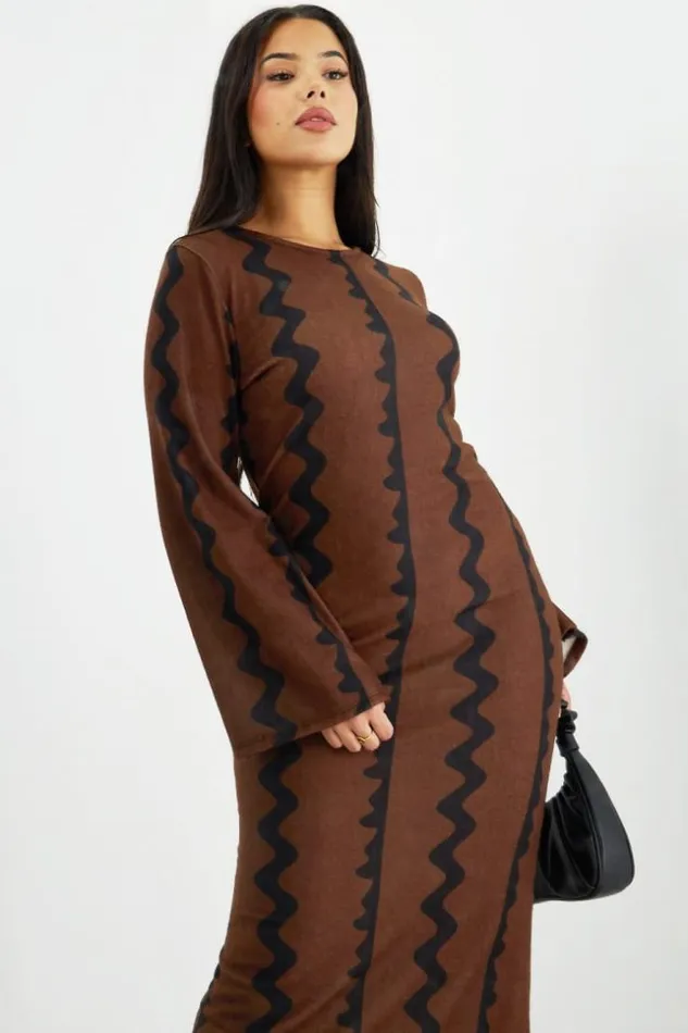 Women Robe Longue Maron Et Noire Vagues Brown Brentiny Paris Short Dresses