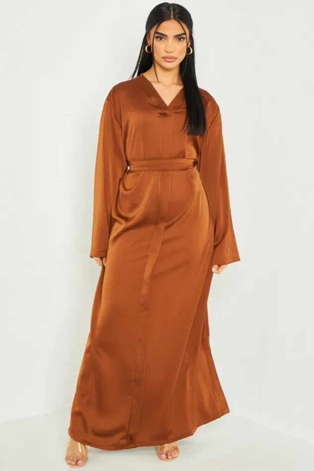 Women Robe Longue Satine Ceinture Marron Brown Brentiny Paris Ceremonial Outfits