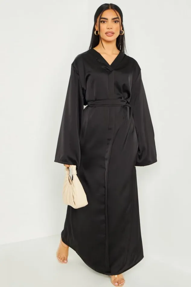 Women Robe Longue Satine Ceinture Noire Black Brentiny Paris Ceremonial Outfits