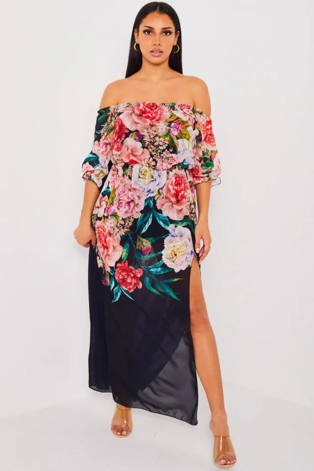 Women Robe Noire Longue En Voile Fleur Black Brentiny Paris Short Dresses