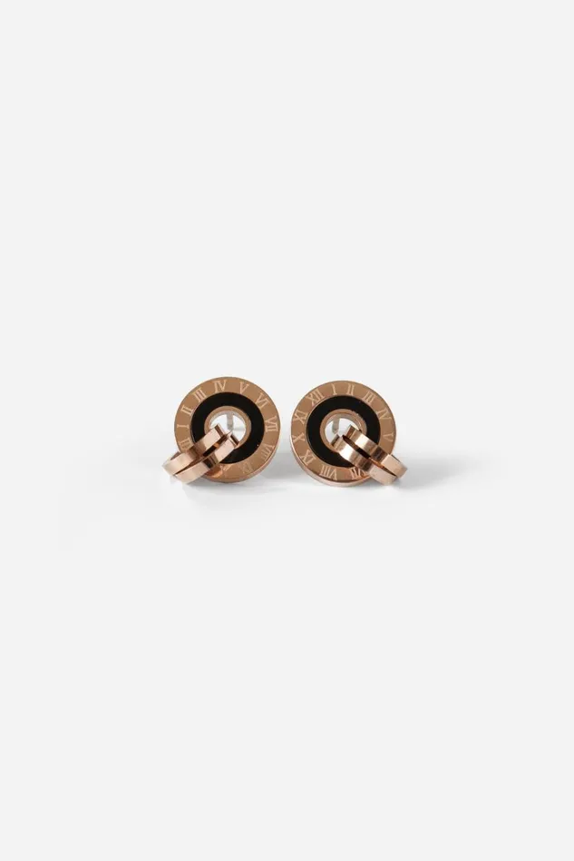Women Rose Gold Mini Hoop Clock Stud Earrings Roman Jewellery