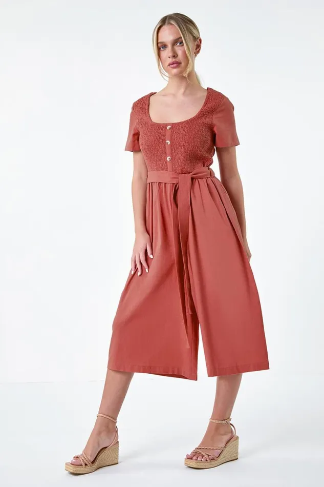 Women Rose Petite Shirred Button Detail Culotte Jumpsuit Roman Dresses