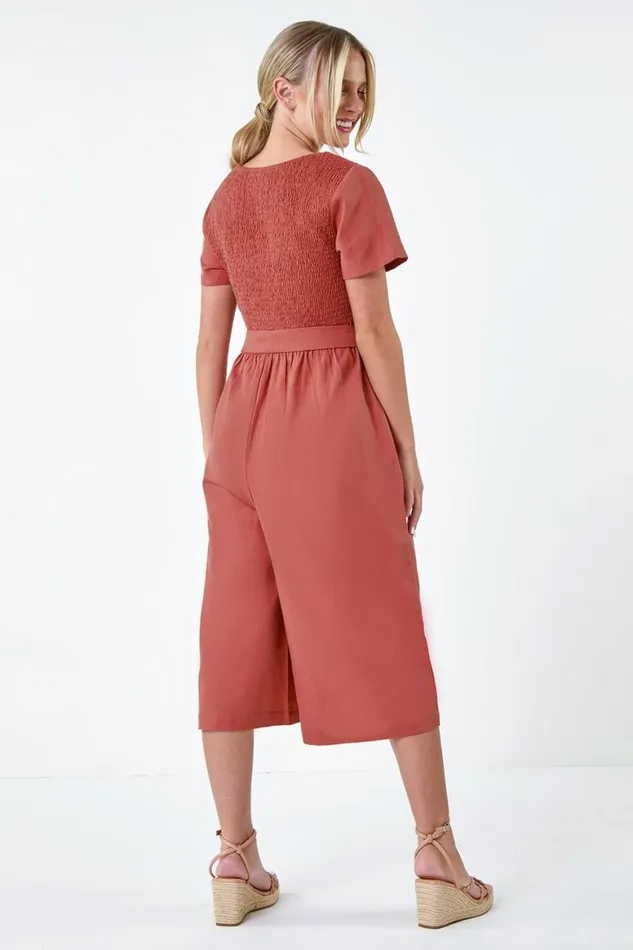 Women Rose Petite Shirred Button Detail Culotte Jumpsuit Roman Dresses