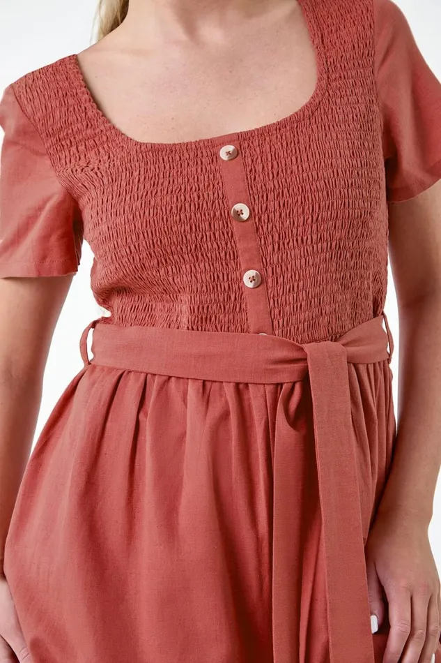 Women Rose Petite Shirred Button Detail Culotte Jumpsuit Roman Dresses