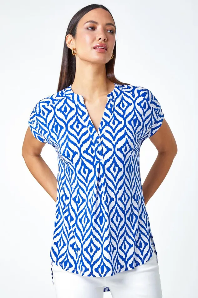 Women Royal Blue Aztec Print VNeck Stretch Tunic Overshirt Roman Tops