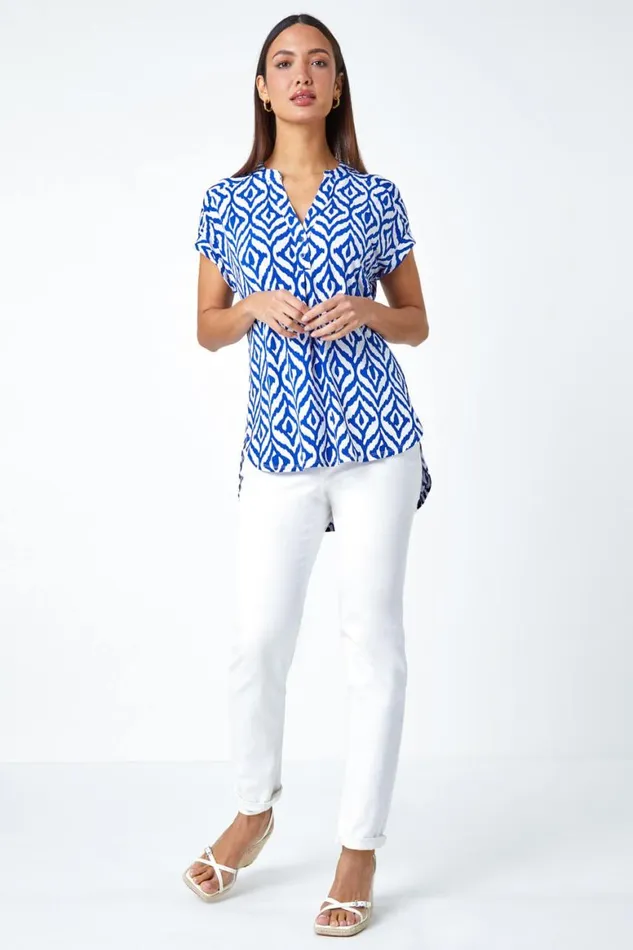 Women Royal Blue Aztec Print VNeck Stretch Tunic Overshirt Roman Tops