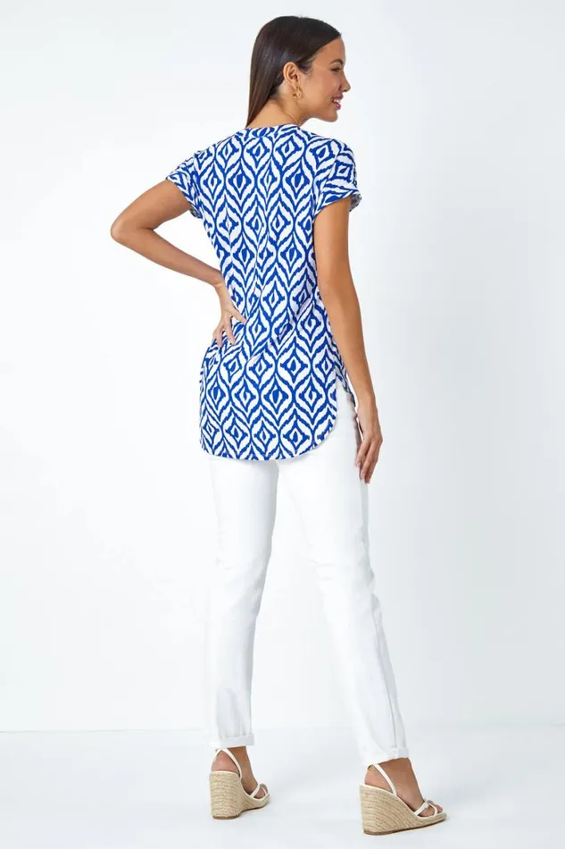Women Royal Blue Aztec Print VNeck Stretch Tunic Overshirt Roman Tops