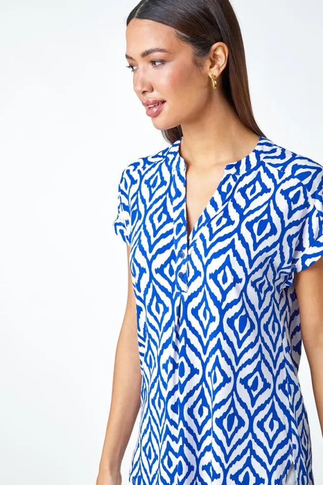 Women Royal Blue Aztec Print VNeck Stretch Tunic Overshirt Roman Tops