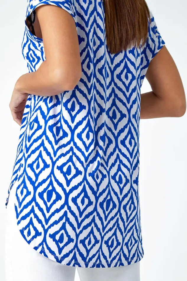 Women Royal Blue Aztec Print VNeck Stretch Tunic Overshirt Roman Tops