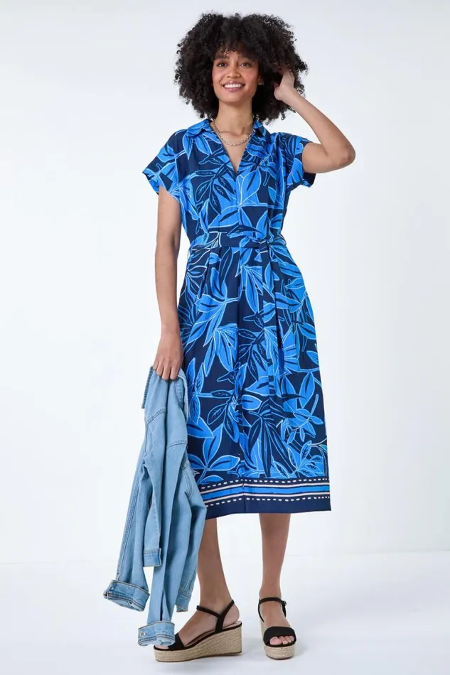 Women Royal Blue Border Leaf Print Midi Dress Roman Dresses